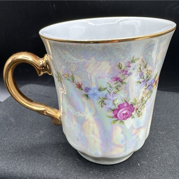 Vintage Czech Lusterware Floral Lidded Mugs Set of 2 Gold Handle Iridescent - Picture 8 of 11